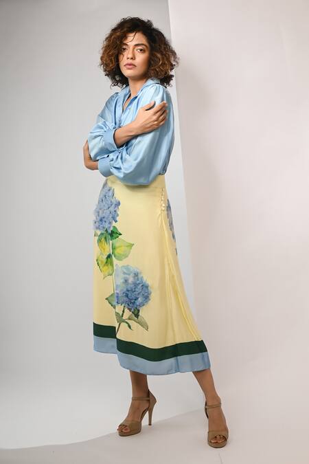 Buy Rimi Nayak Yellow Bemberg, Satin Embroidery Hydrangea Print A-line Skirt Online at Aza Fashions Buy_Rimi Nayak_Yellow Bemberg, Satin Embroidery Hydrangea Print A-line Skirt _Online_at_Aza_Fashions