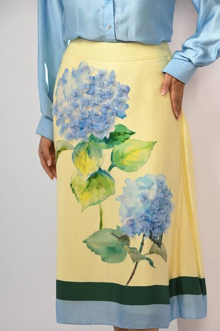 Shop Rimi Nayak Yellow Bemberg, Satin Embroidery Hydrangea Print A-line Skirt Online at Aza Fashions Shop_Rimi Nayak_Yellow Bemberg, Satin Embroidery Hydrangea Print A-line Skirt _Online_at_Aza_Fashions
