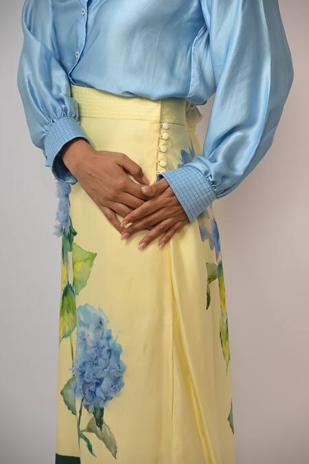 Rimi Nayak Yellow Bemberg, Satin Embroidery Hydrangea Print A-line Skirt at Aza Fashions Rimi Nayak_Yellow Bemberg, Satin Embroidery Hydrangea Print A-line Skirt _at_Aza_Fashions