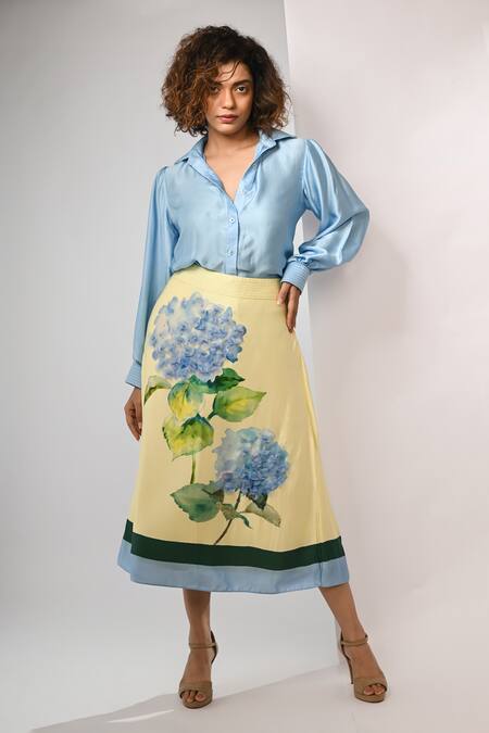 Rimi Nayak Blue Bemberg, Satin Collared Shirt With Stitch Detailing Online at Aza Fashions Rimi Nayak_Blue Bemberg, Satin Collared Shirt With Stitch Detailing _Online_at_Aza_Fashions