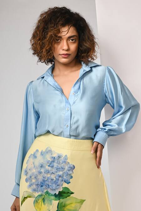 Shop Rimi Nayak Blue Bemberg, Satin Collared Shirt With Stitch Detailing Online at Aza Fashions Shop_Rimi Nayak_Blue Bemberg, Satin Collared Shirt With Stitch Detailing _Online_at_Aza_Fashions