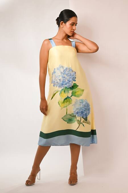 Rimi Nayak_Yellow Bemberg, Satin Square Neck Hydrangea Print Offshoulder Dress _Online_at_Aza_Fashions