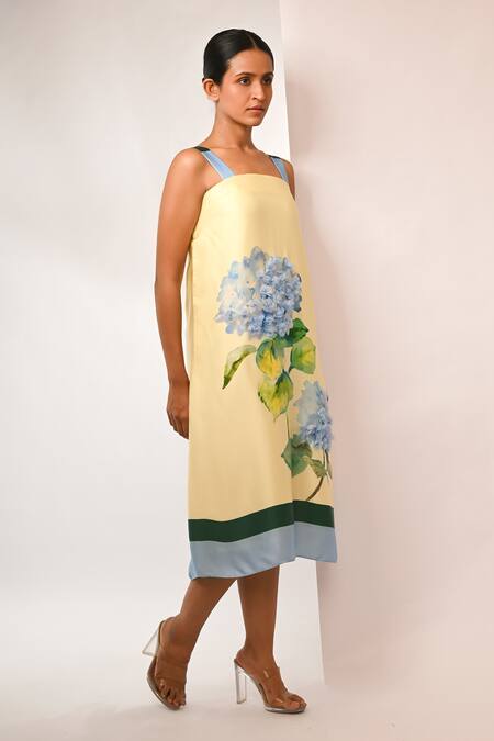 Buy_Rimi Nayak_Yellow Bemberg, Satin Square Neck Hydrangea Print Offshoulder Dress _Online_at_Aza_Fashions