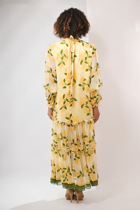 Rimi Nayak Yellow Hygrangea Printed Tier Dress 