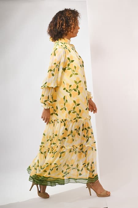 Buy_Rimi Nayak_Yellow Viscose, Georgette High Neck Hygrangea Printed Tier Dress _Online_at_Aza_Fashions