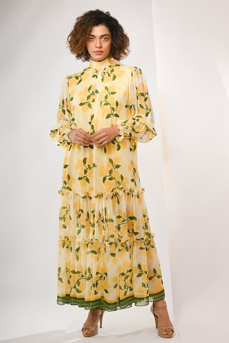 Rimi Nayak Yellow Hygrangea Printed Tier Dress 