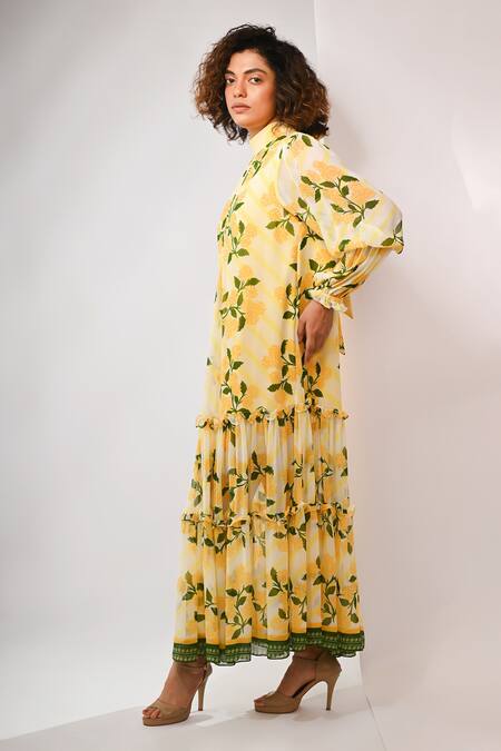 Shop_Rimi Nayak_Yellow Viscose, Georgette High Neck Hygrangea Printed Tier Dress _Online_at_Aza_Fashions