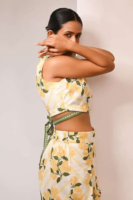 Rimi Nayak_Yellow Polyester, Rayon Collared Printed Crop Top _Online_at_Aza_Fashions