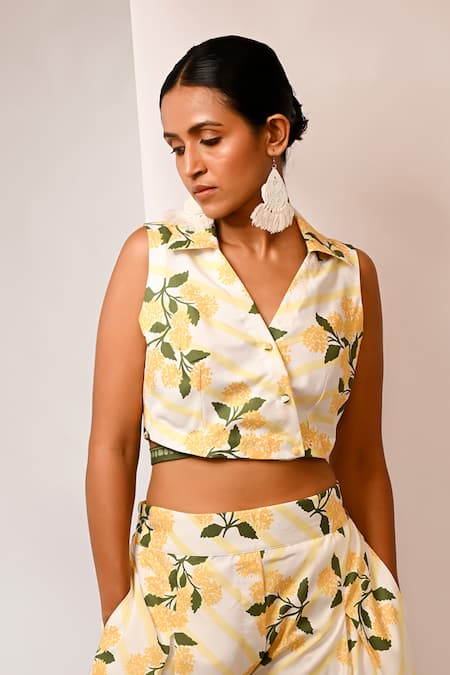Shop_Rimi Nayak_Yellow Polyester, Rayon Collared Printed Crop Top _Online_at_Aza_Fashions