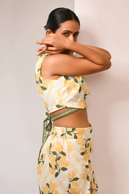 Rimi Nayak_Yellow Polyester, Rayon Hydrangea Printed Shorts _Online_at_Aza_Fashions