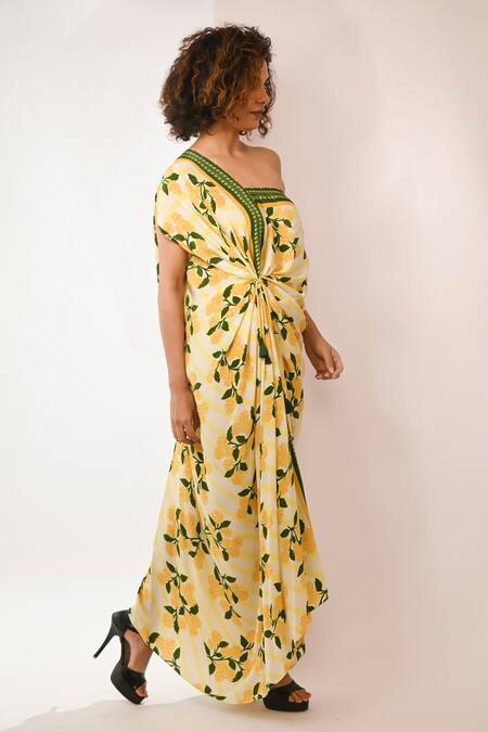 Buy_Rimi Nayak_Yellow Viscose, Crepe Beads One Shoulder Hydrangea Printed Maxi Dress _Online_at_Aza_Fashions