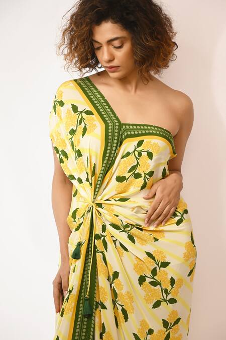 Buy_Rimi Nayak_Yellow Viscose, Crepe Beads One Shoulder Hydrangea Printed Maxi Dress 