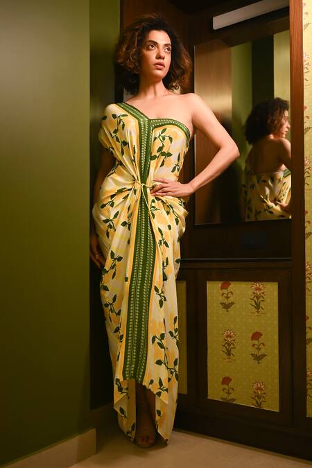 Shop_Rimi Nayak_Yellow Viscose, Crepe Beads One Shoulder Hydrangea Printed Maxi Dress 