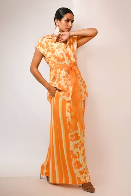 Rimi Nayak_Orange Viscose, Crepe Pearls Bougainvillea Printed Blazer _Online_at_Aza_Fashions