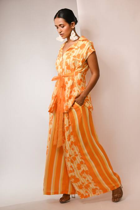 Buy_Rimi Nayak_Orange Viscose, Crepe Pearls Bougainvillea Printed Blazer _Online_at_Aza_Fashions
