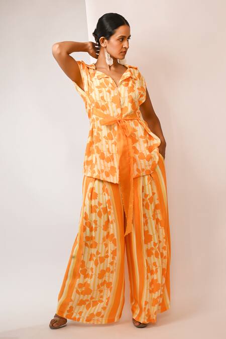Buy_Rimi Nayak_Orange Viscose, Crepe Bougainvillea Printed Trouser _Online_at_Aza_Fashions