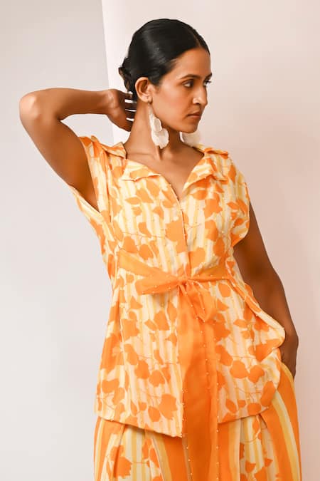 Shop_Rimi Nayak_Orange Viscose, Crepe Bougainvillea Print Blazer Trouser Set _Online_at_Aza_Fashions