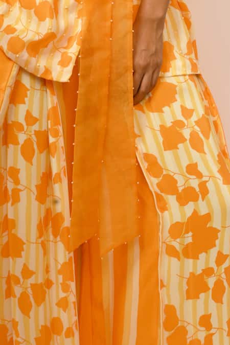 Rimi Nayak_Orange Viscose, Crepe Bougainvillea Print Blazer Trouser Set _at_Aza_Fashions