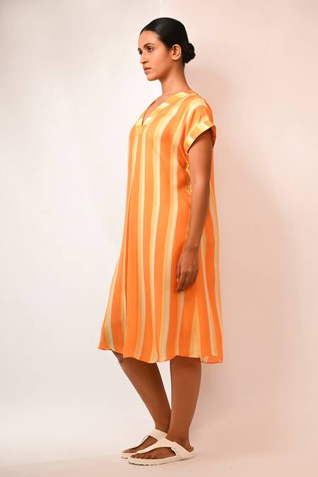 Rimi Nayak_Orange Bemberg, Satin V-neck Stripe Designer Dress _Online_at_Aza_Fashions
