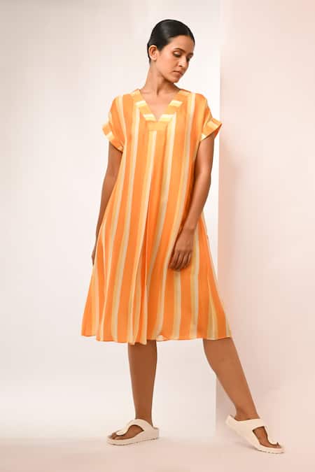 Rimi Nayak Orange Bemberg, Satin V-neck Stripe Designer Dress 
