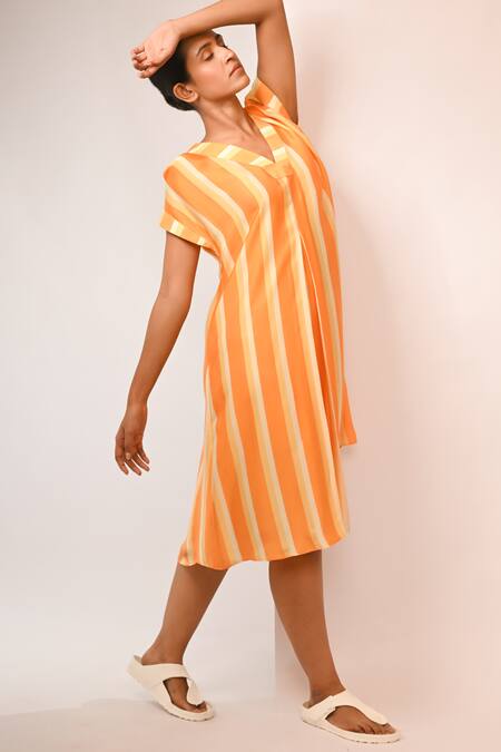 Buy_Rimi Nayak_Orange Bemberg, Satin V-neck Stripe Designer Dress _Online_at_Aza_Fashions