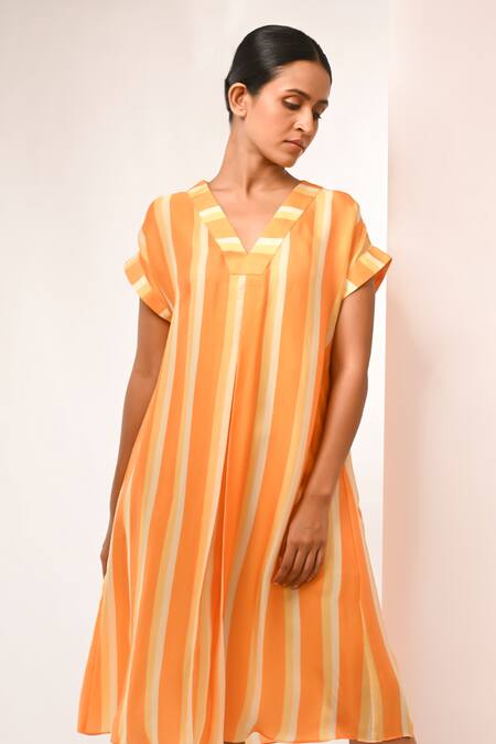 Shop_Rimi Nayak_Orange Bemberg, Satin V-neck Stripe Designer Dress _Online_at_Aza_Fashions