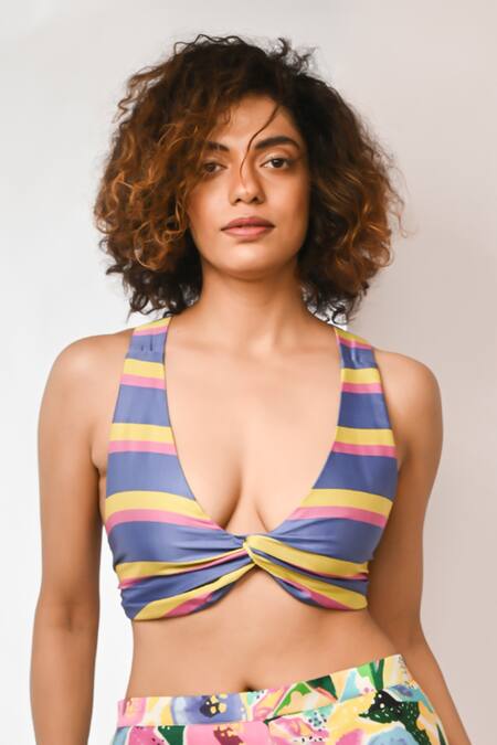 Rimi Nayak_Multi Color Bemberg, Satin Scoop Neck Multicolour Stripe Bralette _Online_at_Aza_Fashions