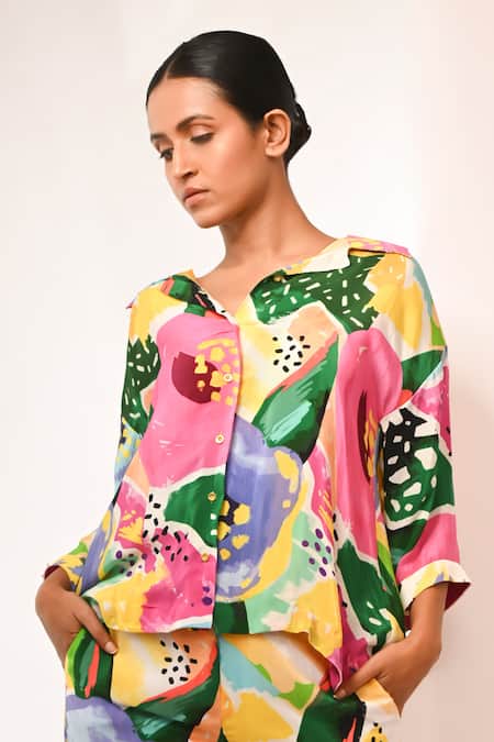 Rimi Nayak Pink Viscose, Crepe Beads Collared Multicolour Floral Printed Shirt
