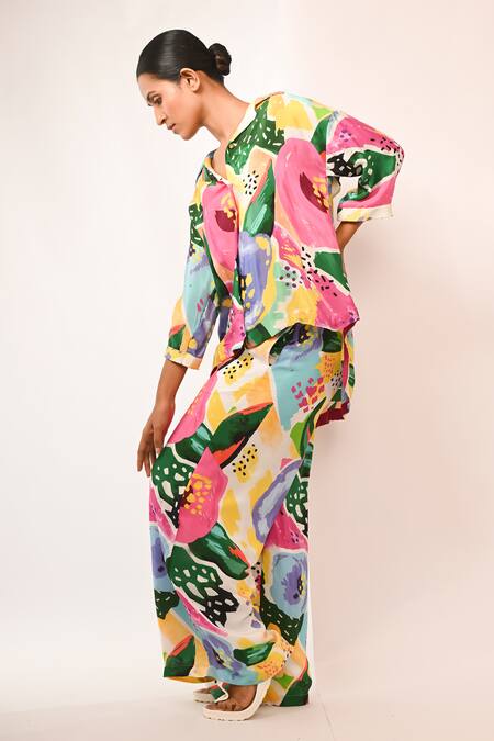 Shop_Rimi Nayak_Pink Viscose, Crepe Beads Collared Multicolour Floral Printed Shirt _Online_at_Aza_Fashions