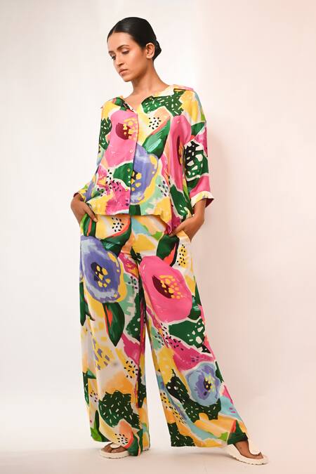 Rimi Nayak_Multi Color Viscose, Crepe Multicolour Floral Printed Trouser _Online_at_Aza_Fashions