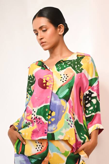 Rimi Nayak_Multi Color Viscose Round Neck Multicolour Floral Printed Trousers And Shirt _Online_at_Aza_Fashions