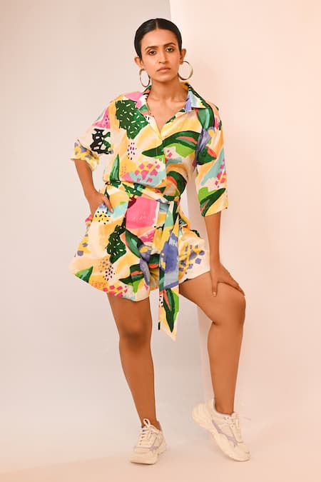 Rimi Nayak White Viscose, Crepe Collared Floral Printed Playsuit 