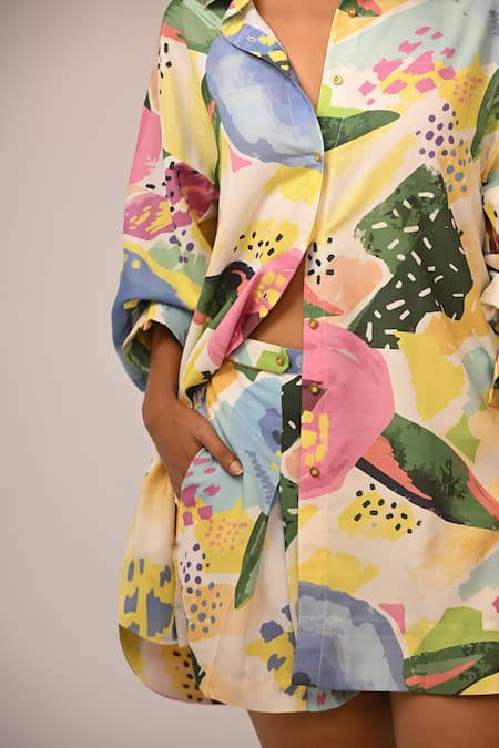 Buy_Rimi Nayak_Multi Color Polyester, Rayon Collared Floral Printed Relaxed Shirt _Online_at_Aza_Fashions