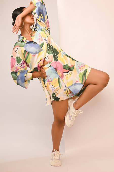 Shop_Rimi Nayak_Multi Color Polyester, Rayon Collared Floral Printed Relaxed Shirt _Online_at_Aza_Fashions