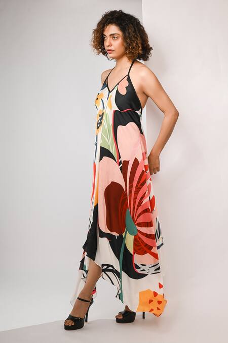 Buy_Rimi Nayak_Multi Color Bemberg, Satin Sequins Halter Abstract Floral Printed Maxi Dress _Online_at_Aza_Fashions