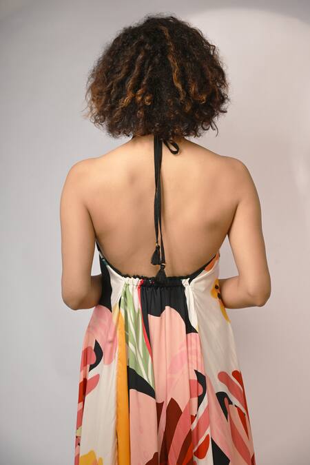 Shop_Rimi Nayak_Multi Color Bemberg, Satin Sequins Halter Abstract Floral Printed Maxi Dress _Online_at_Aza_Fashions