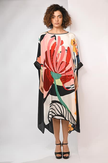 Rimi Nayak_White Bemberg, Satin Sequins Round Neck Abstract Floral Printed Maxi Kaftan _Online_at_Aza_Fashions