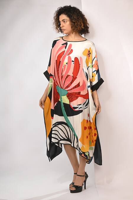 Buy_Rimi Nayak_White Bemberg, Satin Sequins Round Neck Abstract Floral Printed Maxi Kaftan _Online_at_Aza_Fashions
