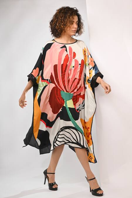 Shop_Rimi Nayak_White Bemberg, Satin Sequins Round Neck Abstract Floral Printed Maxi Kaftan _Online_at_Aza_Fashions