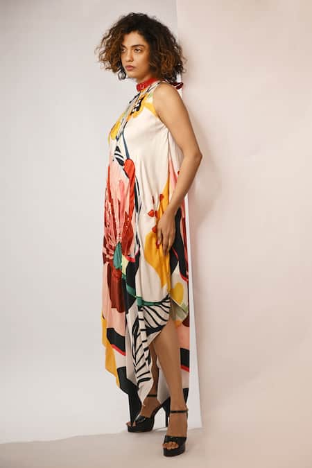 Shop_Rimi Nayak_Multi Color Bemberg, Satin Sequins Abstract Floral Printed Hankerchief Dress _Online_at_Aza_Fashions