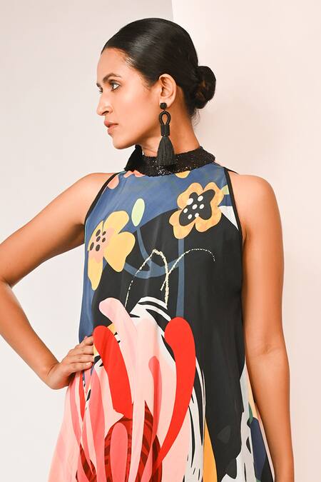 Rimi Nayak_Multi Color Bemberg, Satin High Neck Abstract Floral Printed Hanky Dress _Online_at_Aza_Fashions