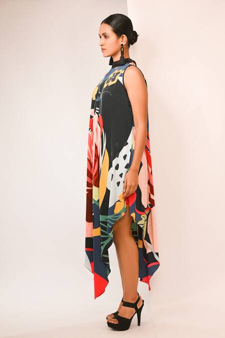 Buy_Rimi Nayak_Multi Color Bemberg, Satin High Neck Abstract Floral Printed Hanky Dress _Online_at_Aza_Fashions