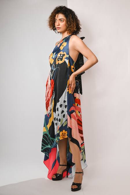 Rimi Nayak_Multi Color Bemberg, Satin Sequins Abstract Floral Printed Hankerchief Dress _Online_at_Aza_Fashions