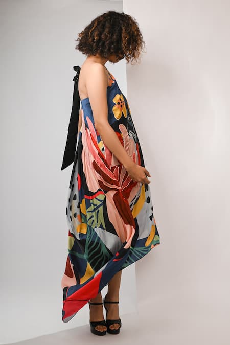 Buy_Rimi Nayak_Multi Color Bemberg, Satin Sequins Abstract Floral Printed Hankerchief Dress _Online_at_Aza_Fashions