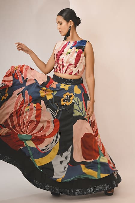 Rimi Nayak_Multi Color Bemberg, Satin Sequins Round Neck Abstract Floral Printed Crop Top _at_Aza_Fashions