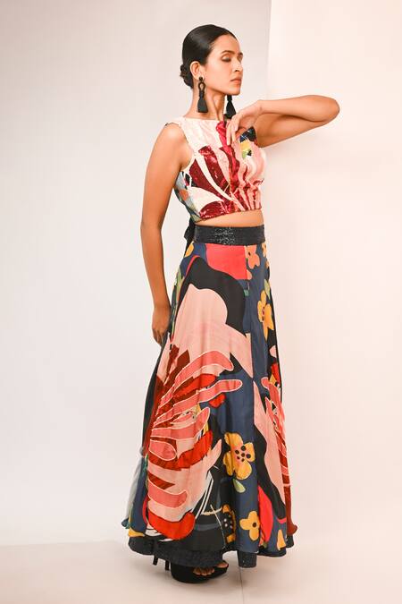 Rimi Nayak_Multi Color Bemberg, Satin Sequins Multicolour Abstract Floral Skirt _Online_at_Aza_Fashions
