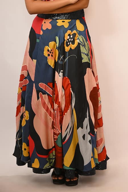 Rimi Nayak_Multi Color Bemberg, Satin Sequins Multicolour Abstract Floral Skirt _at_Aza_Fashions