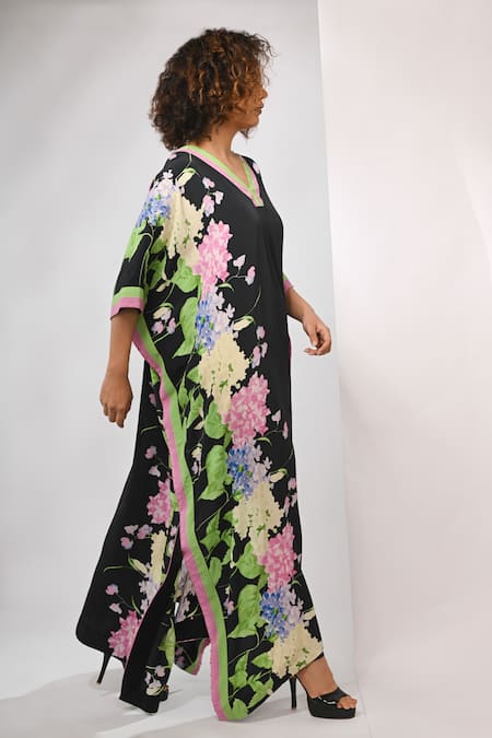 Rimi Nayak_Black Viscose, Crepe Beads V-neck Floral Printed Kaftan With _Online_at_Aza_Fashions