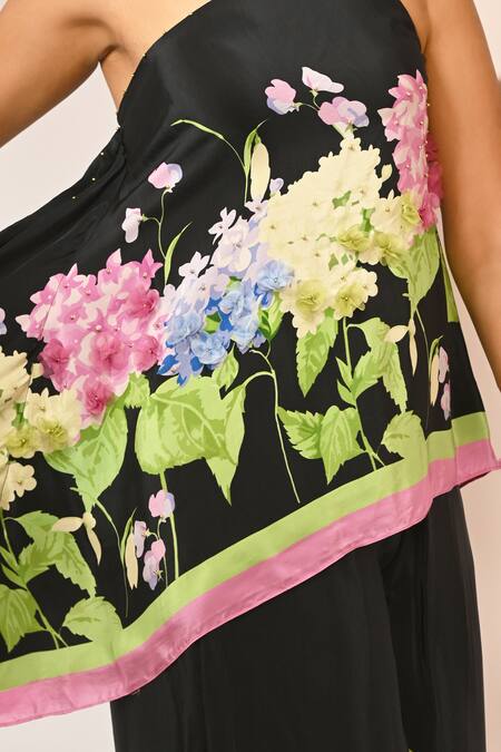 Shop_Rimi Nayak_Black Viscose, Crepe Beads Asymmetric Hydrangea Printed One Shoulder Top _Online_at_Aza_Fashions
