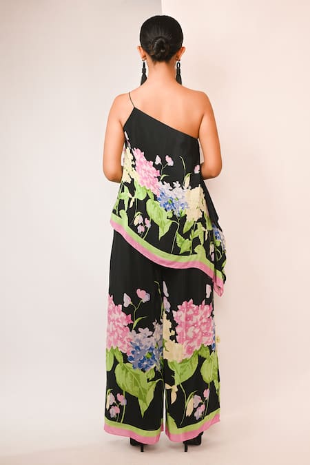 Rimi Nayak Black Hydrangea Printed Top & Trouser Set 